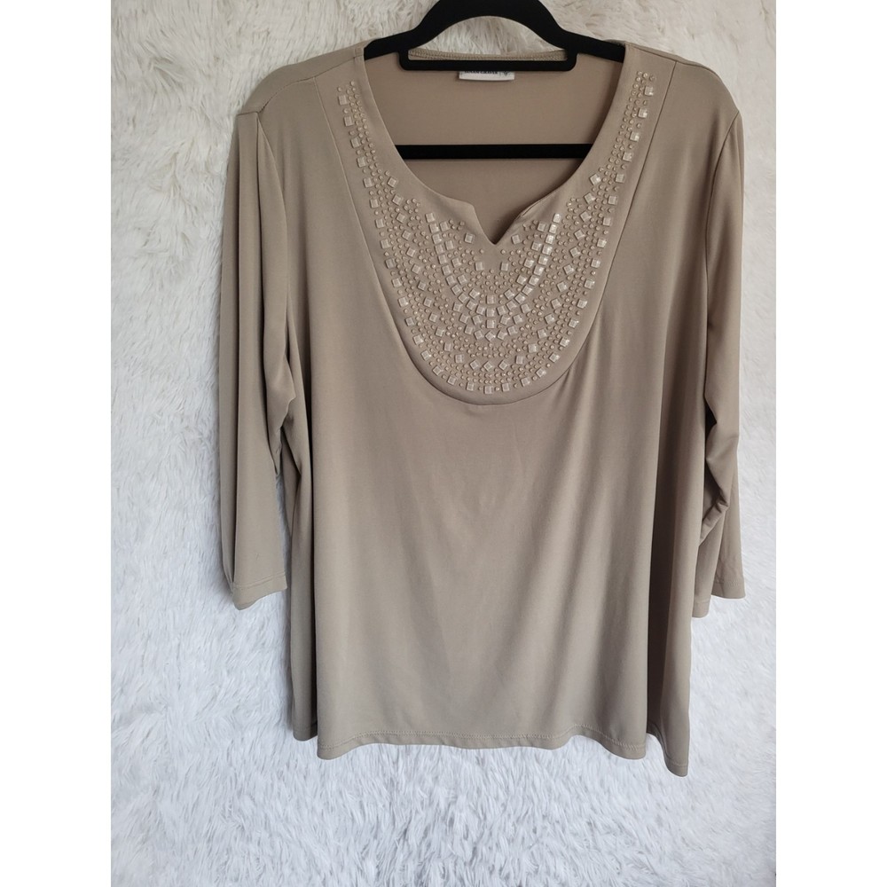 Susan Graver Beaded Liquid Knit Blouse Women's Size 2X Tan 3/4 Sleeve Stretch